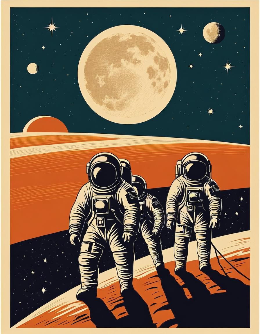 Astronauts on the Moon: Vintage Retro Poster