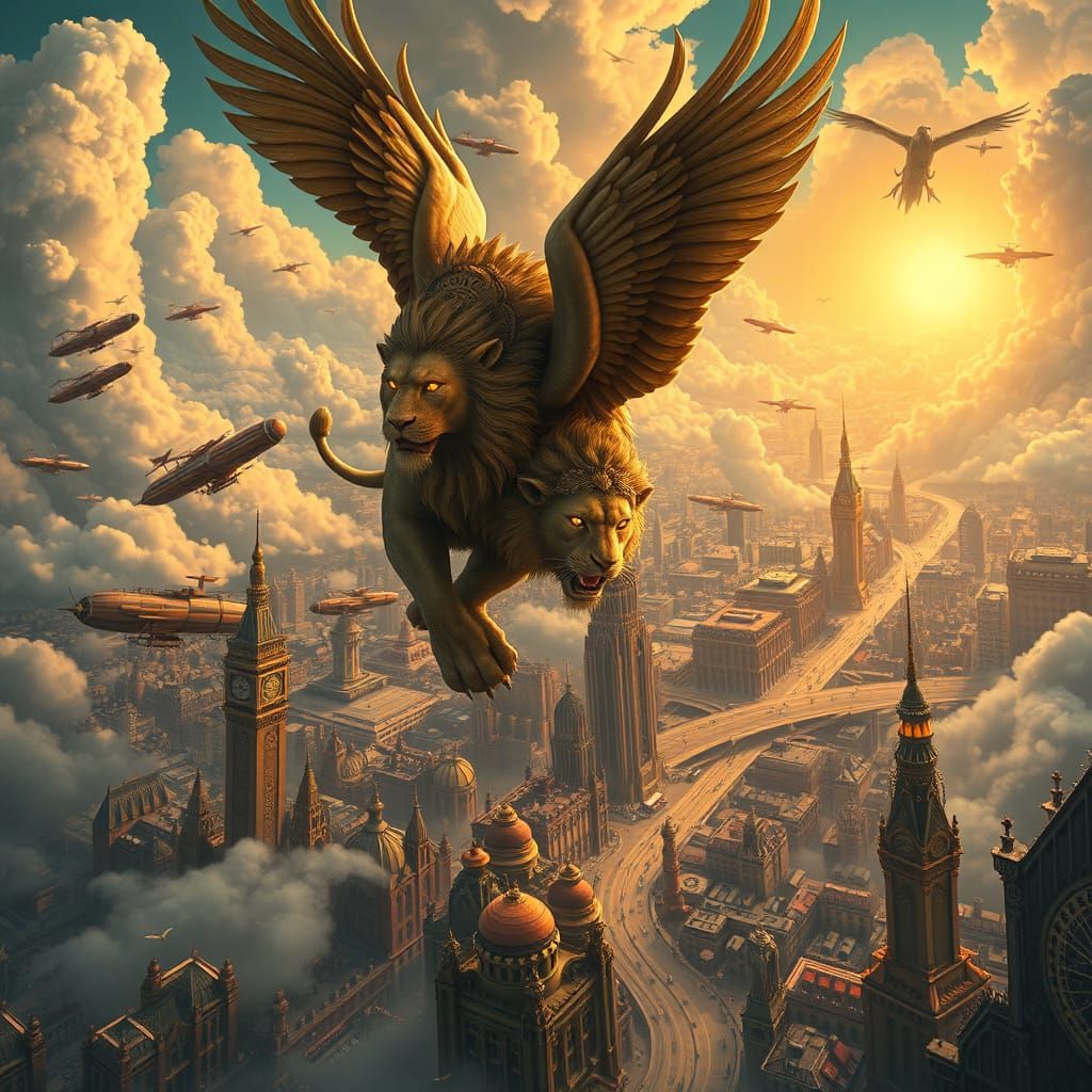 Winged Steampunk Lion Soaring Above Metropolis
