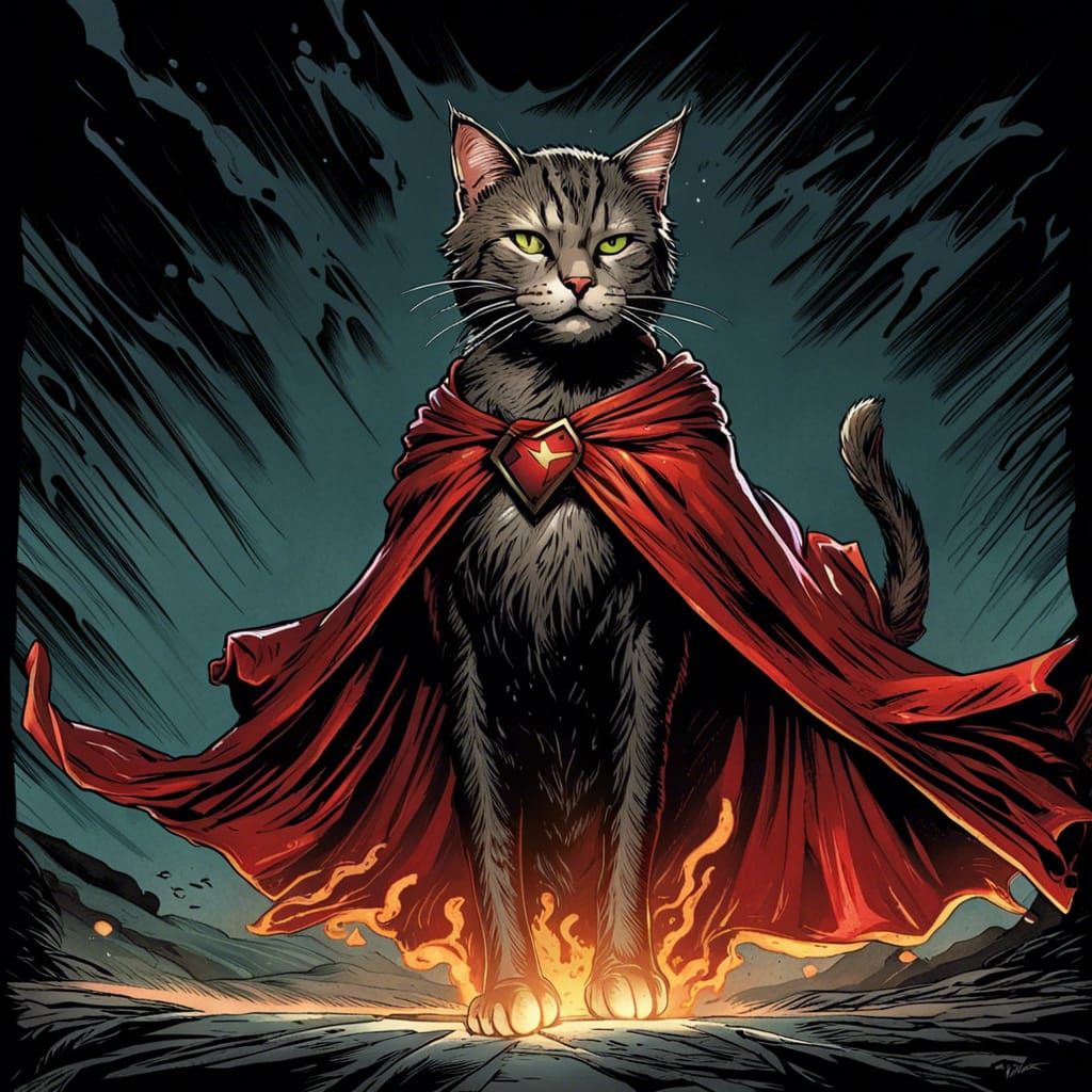Caped Cat in Comic Book Style