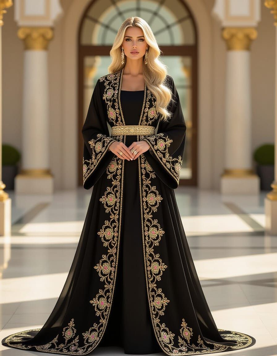 Regal Blonde in Opulent Abaya: High Fashion Portrait