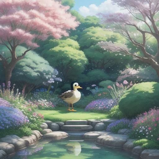Charming Duck in Garden, Studio Ghibli Style