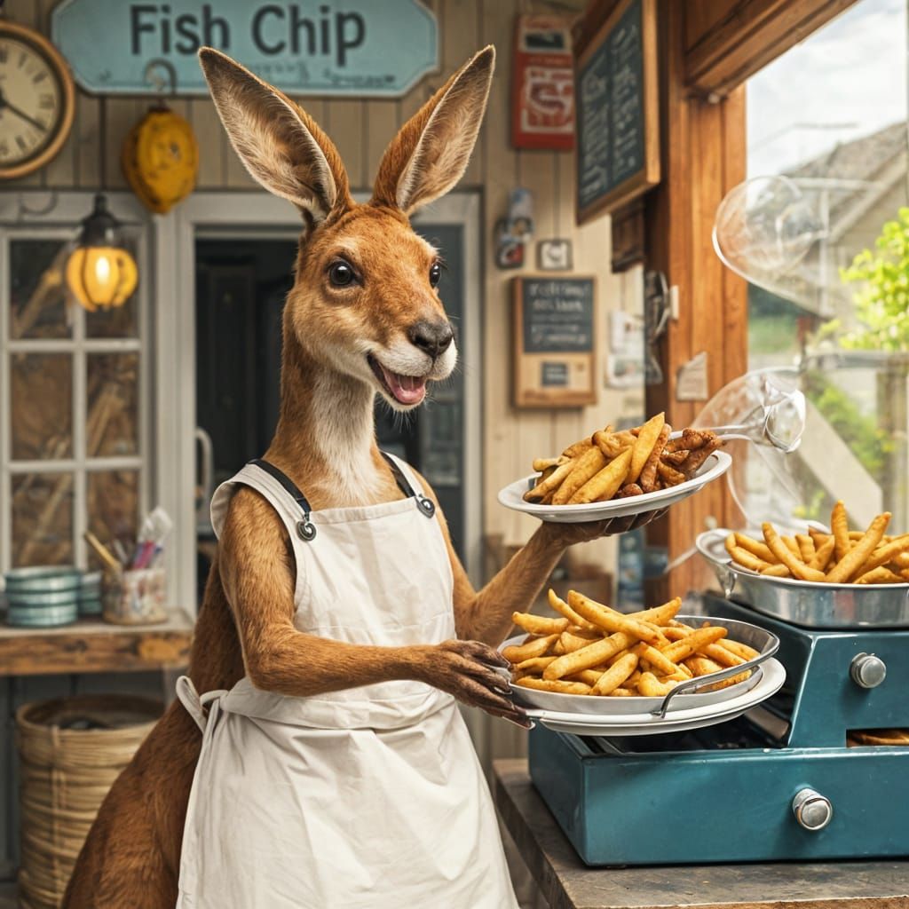 Kangaroo in a Busy Village Fish and Chip Shop