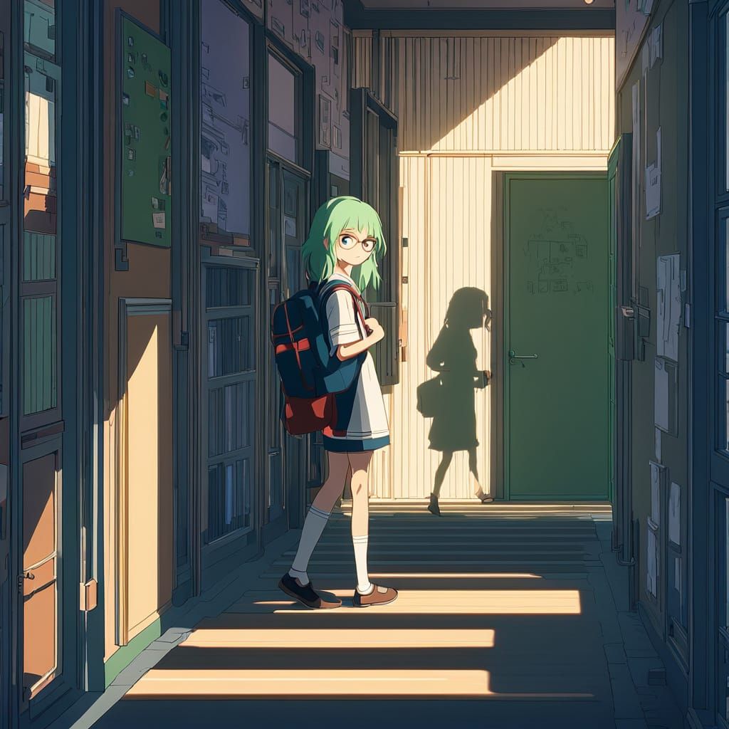 Anime Girl with Mint Hair Leaving School