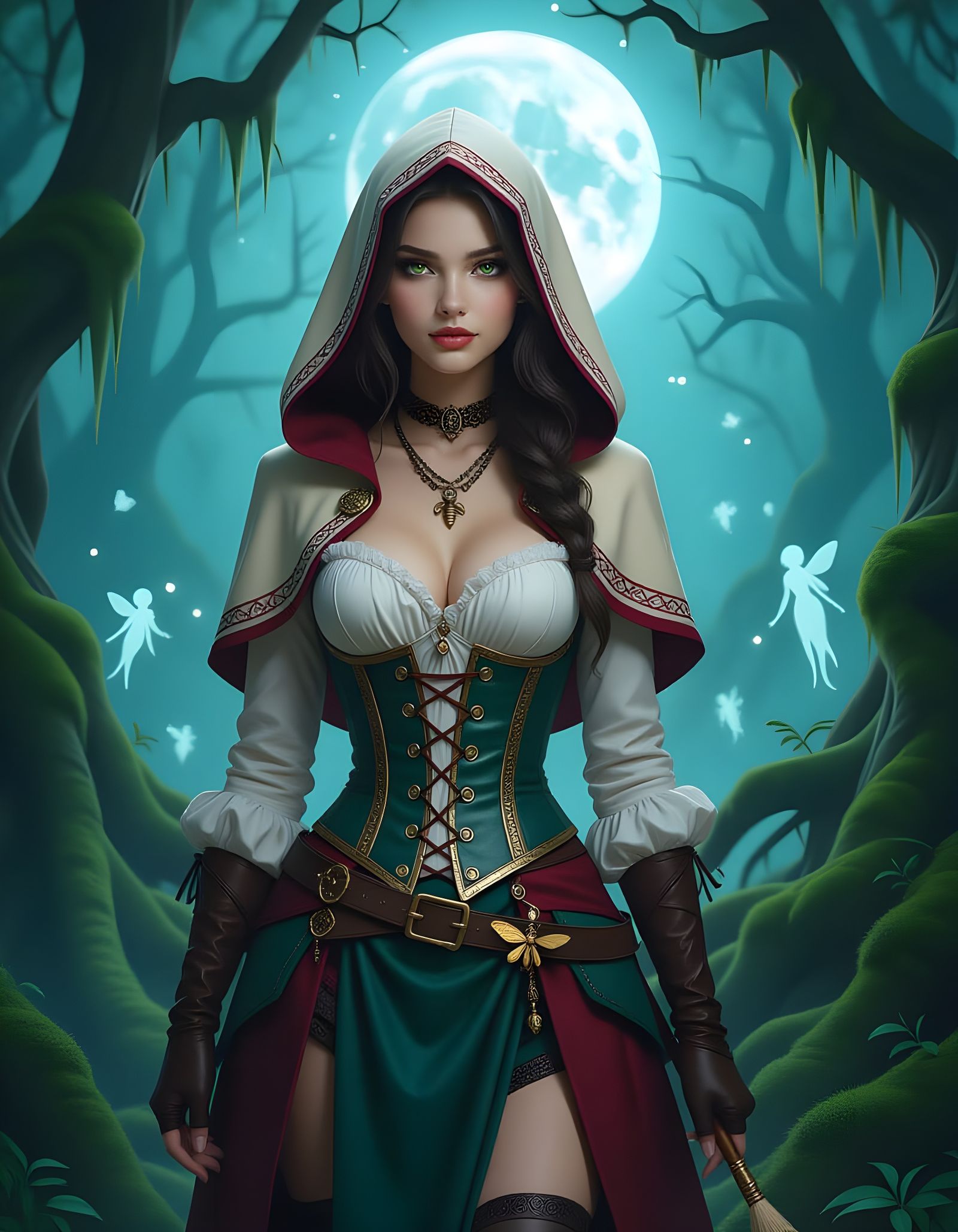 Young Witch in Misty Forest Under Full Moon