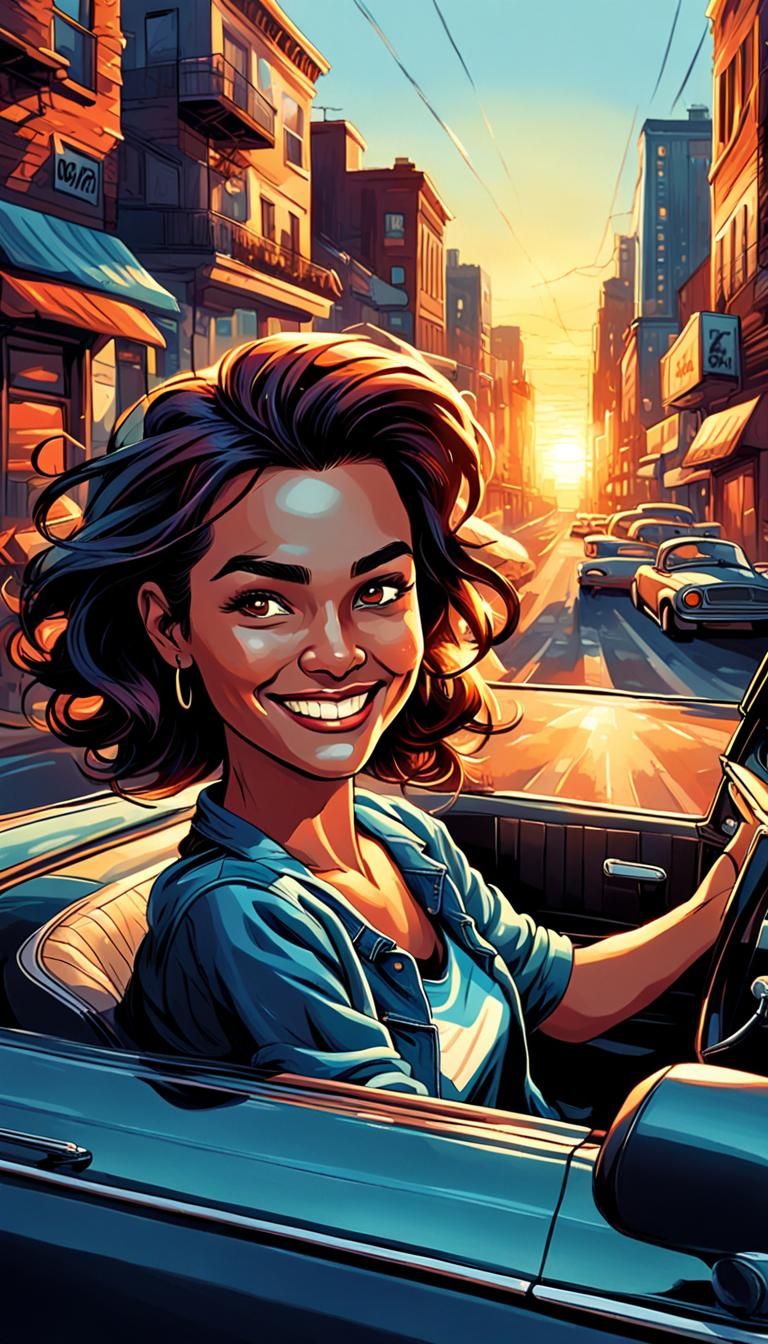 Woman in Convertible at Sunset in Comic Book Art