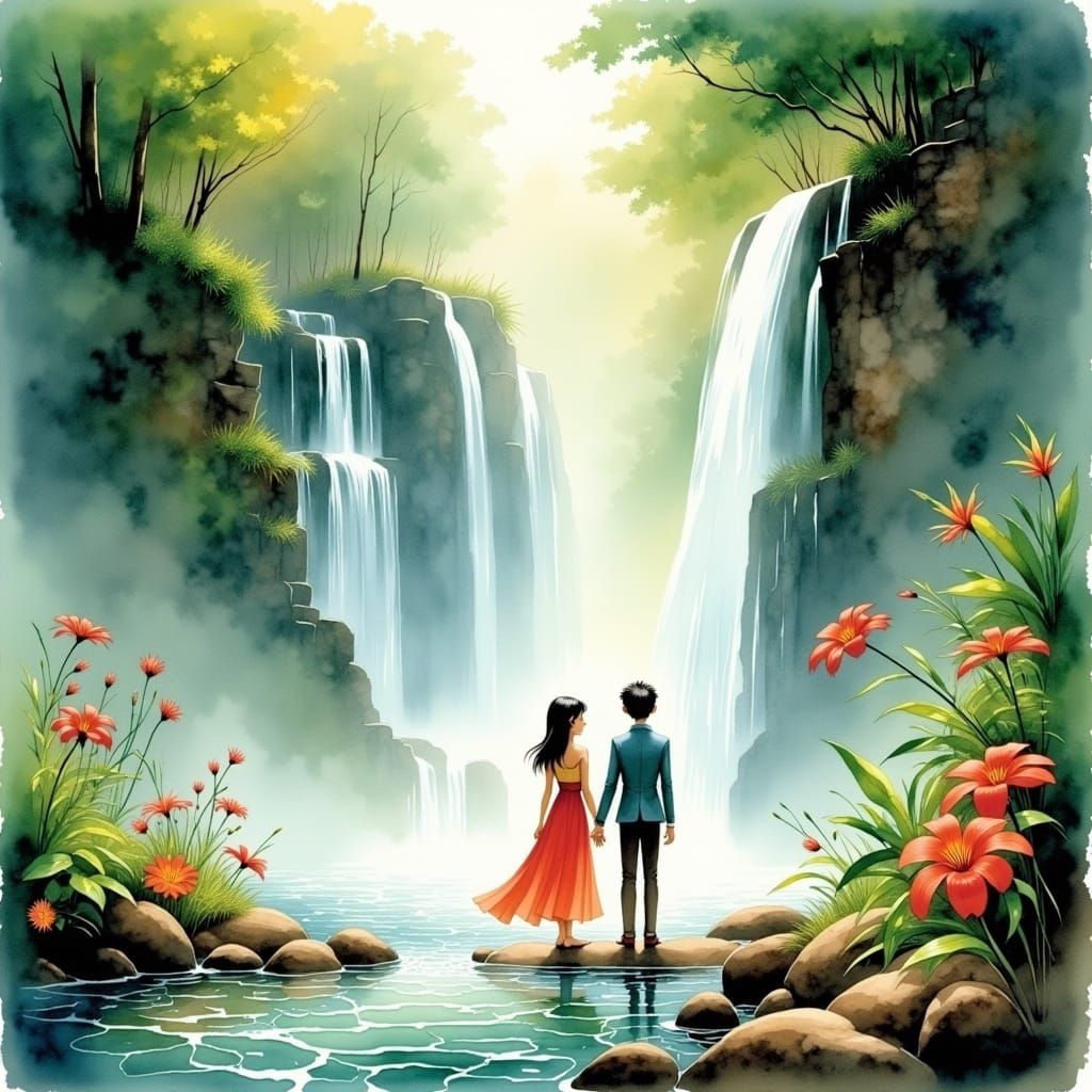 Couple at Waterfall in Watercolour Style