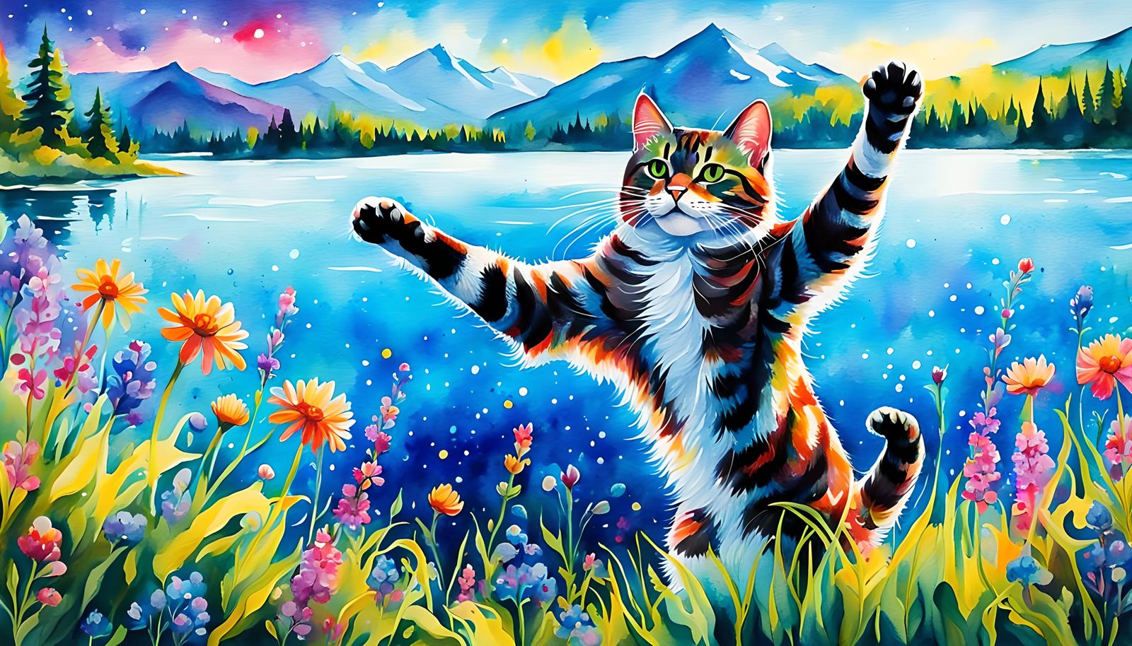 Stylized Watercolor Cat Stretching by Lake