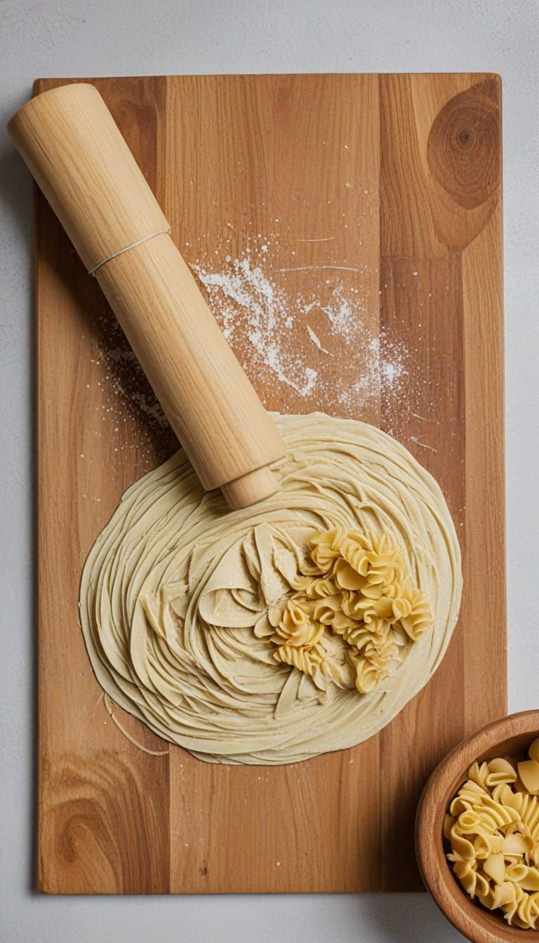 Fresh Pasta Dough and Rolling Pin Overhead View