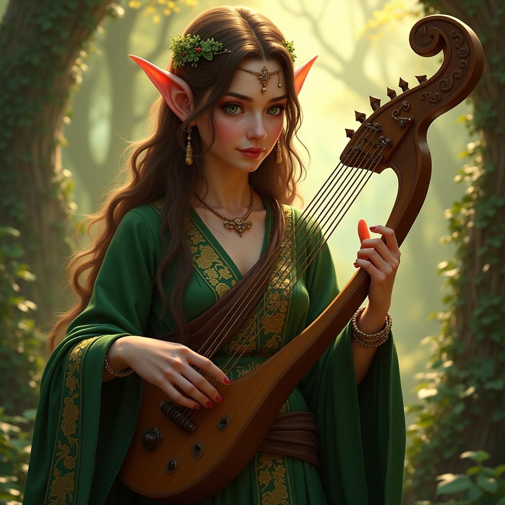 High Elf Musician in Lush Fantasy Landscape