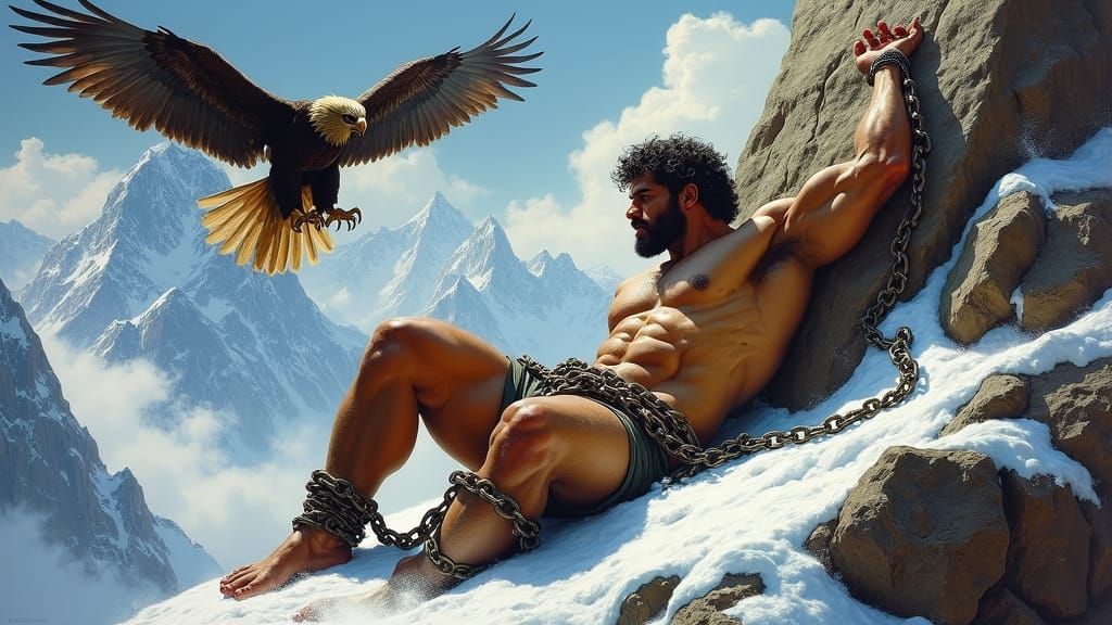 Prometheus Chained on Snowy Peaks, Eagle Attacks in Fantasy ...