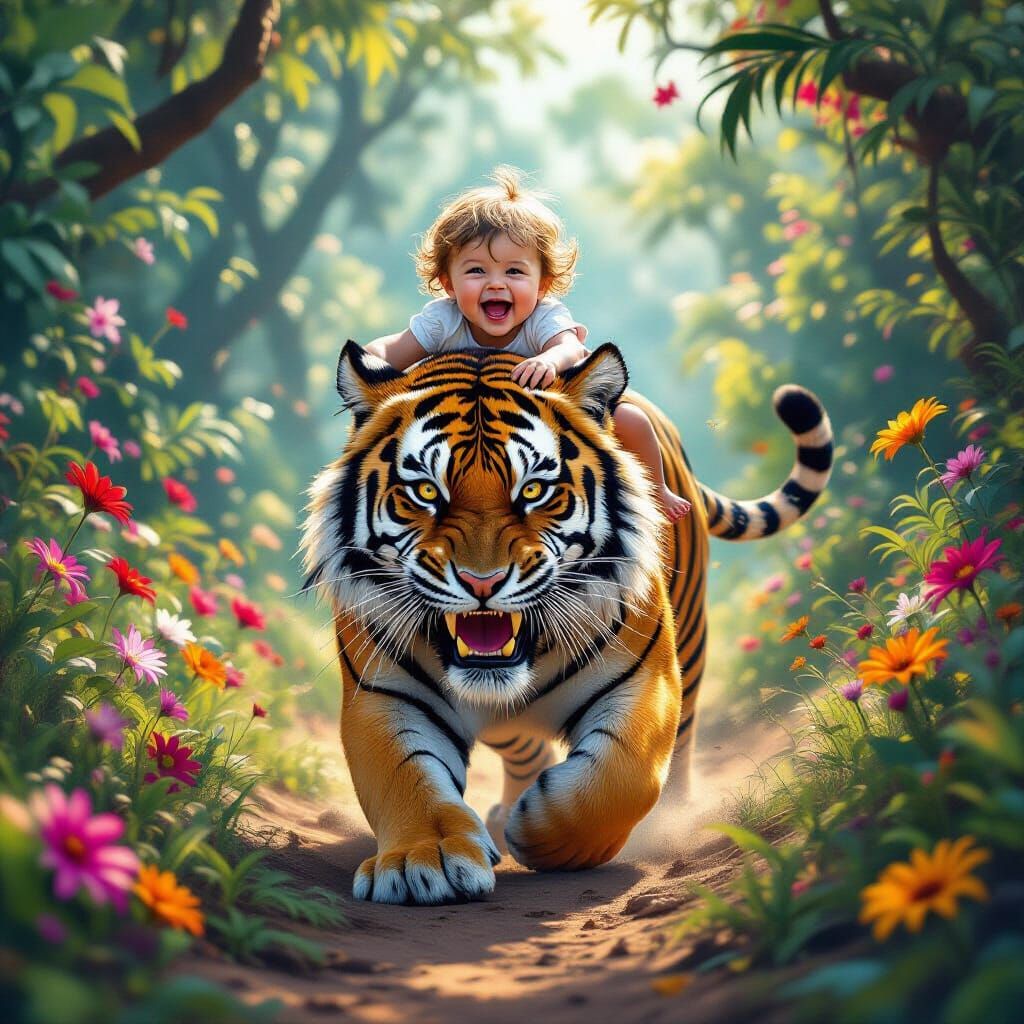 Toddler Rides Tiger Through Jungle, Detailed Matte Painting