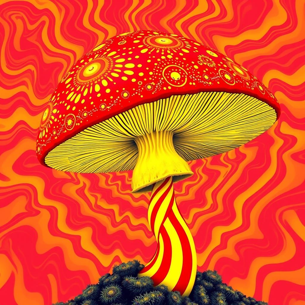 Vibrant Red and Yellow Psychedelic Mushroom in Optical Art S...