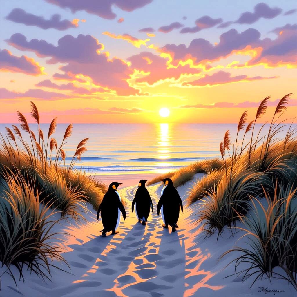Penguins Stroll at Sunset Along Sandy Path