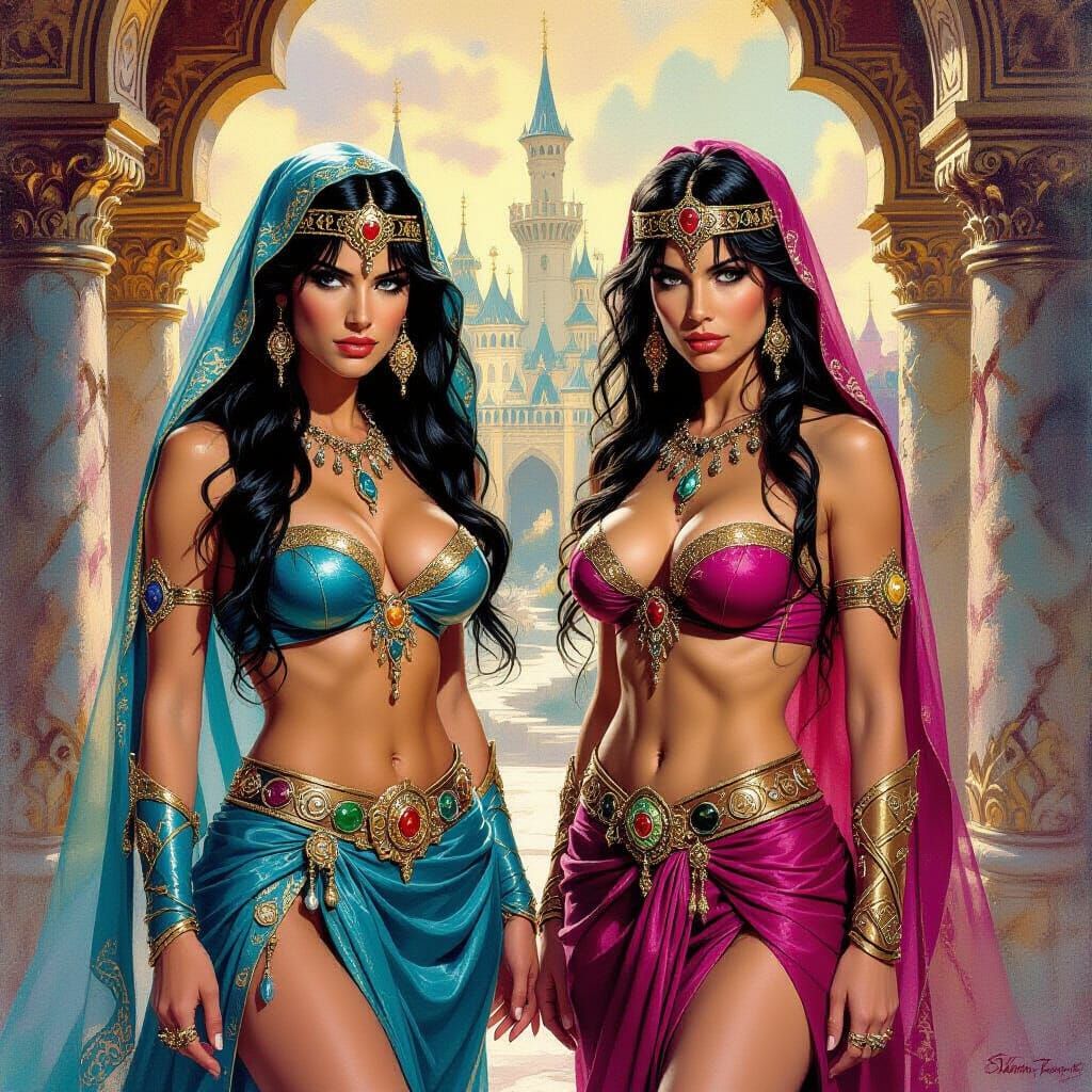 Fantasy Oil Painting: Harem Girls Infiltrate Castle