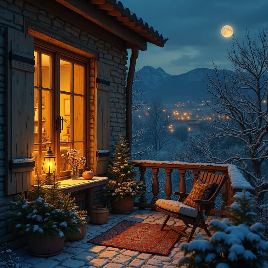 Cozy Christmas Home with Snow and Decorated Tree