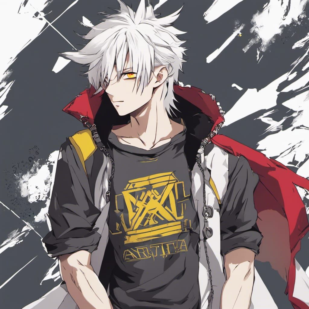 Punk Anime Boy with White Hair and Yellow Eyes