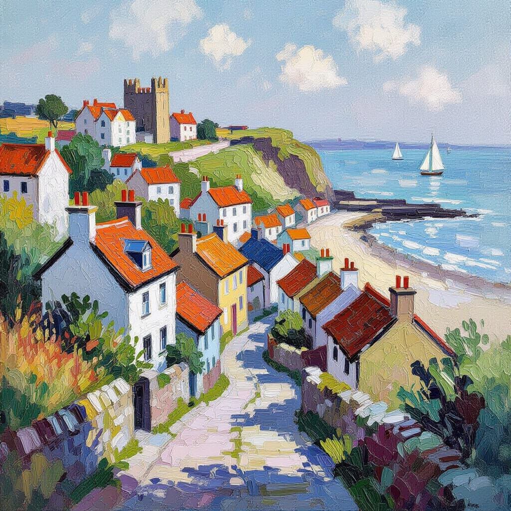 Whitby Landscape in Pastel Hues, Neo-Impressionist Style
