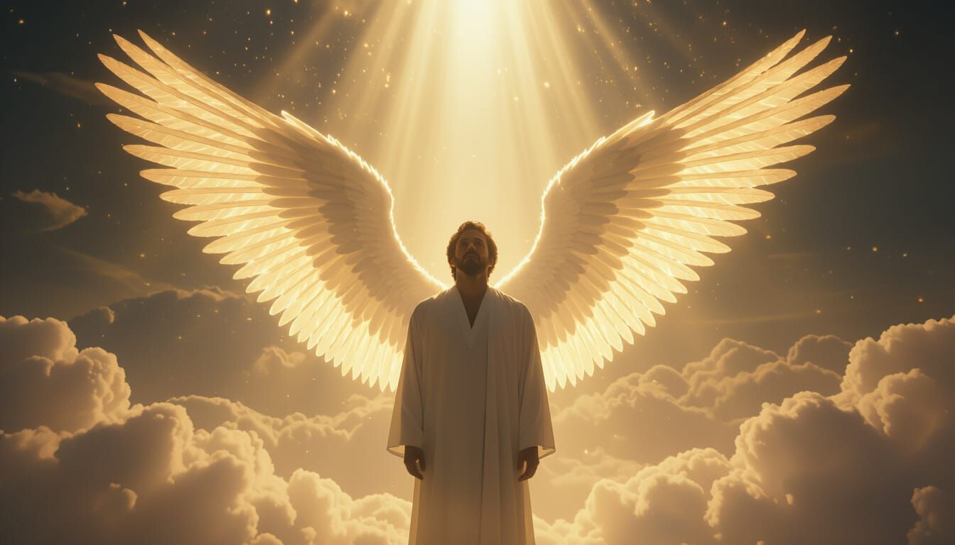 Man Bathed in Divine Golden Light Amidst Clouds