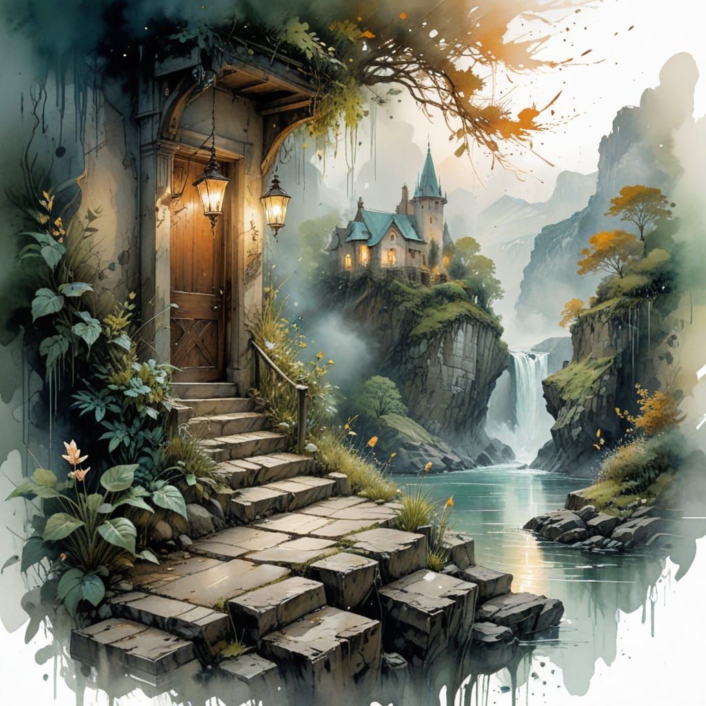 Moonlit Valley with Castle and Winding River