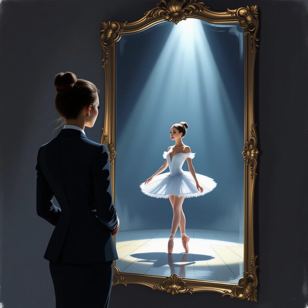 Businesswoman's Ballerina Reflection: A Moody Realism Painti...