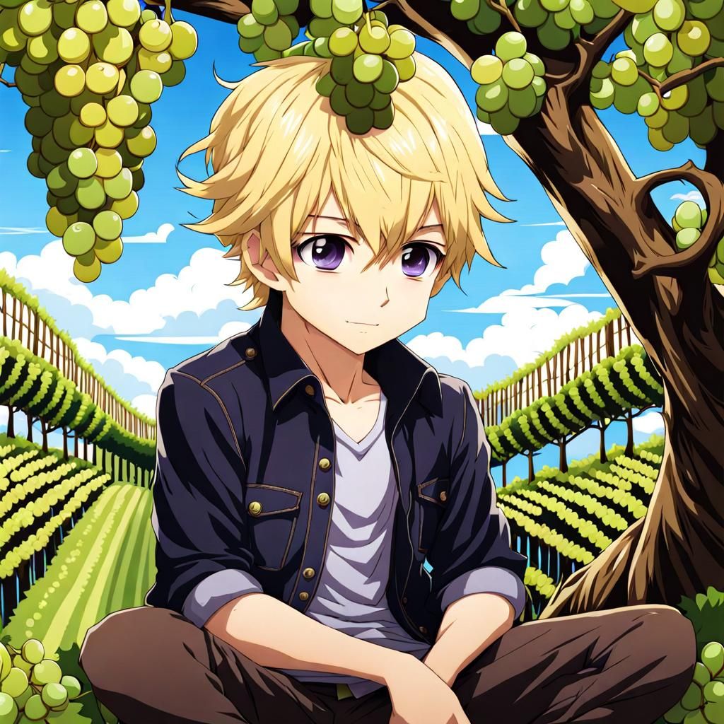 Chibi Anime: Blonde Man in Grape Orchard