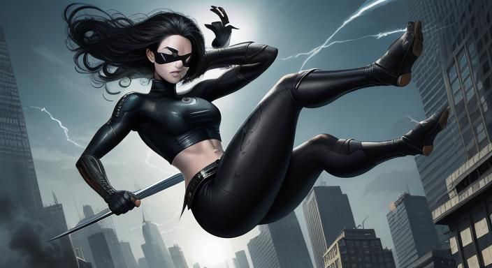 Tattooed Heroine Floating in Cityscape, Comic Book Art