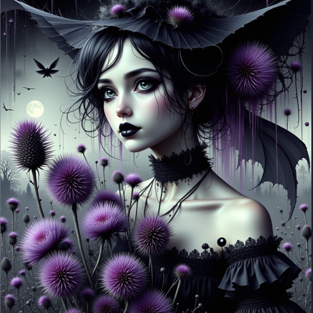 Gothic Woman with Thistles in Dreamlike Setting