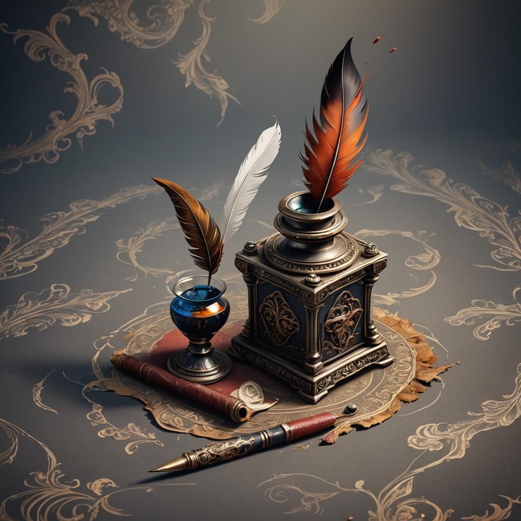 Antique Inkwell with Quill: Detailed Matte Painting