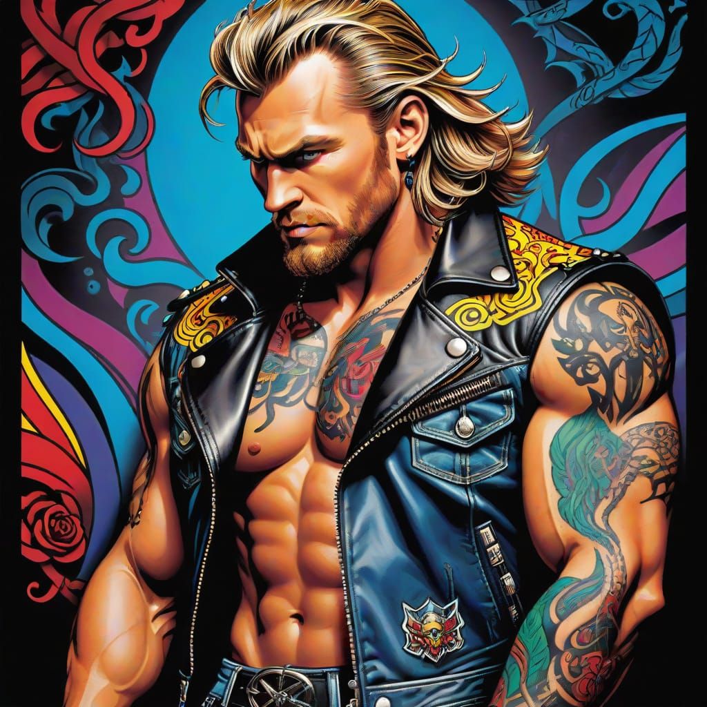 Thor in Leather Jacket, Vibrant Tattoo Art Style