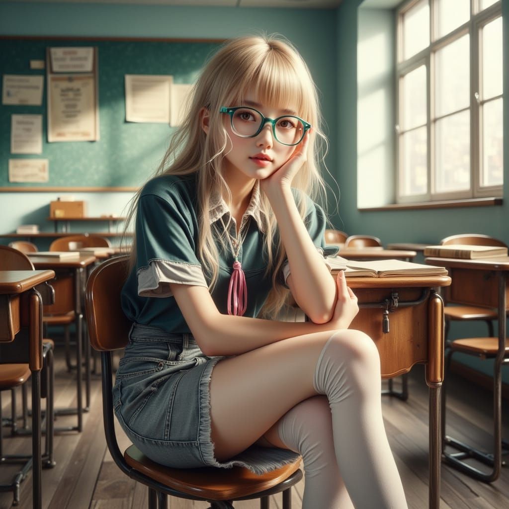 South Korean Girl in Classroom: Stylized Digital Painting