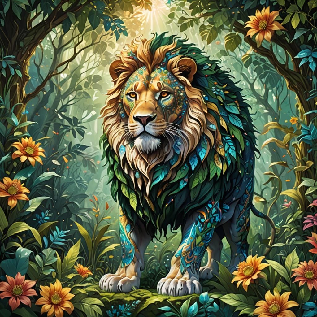 Lion in Jungle with Filigree and Flowers