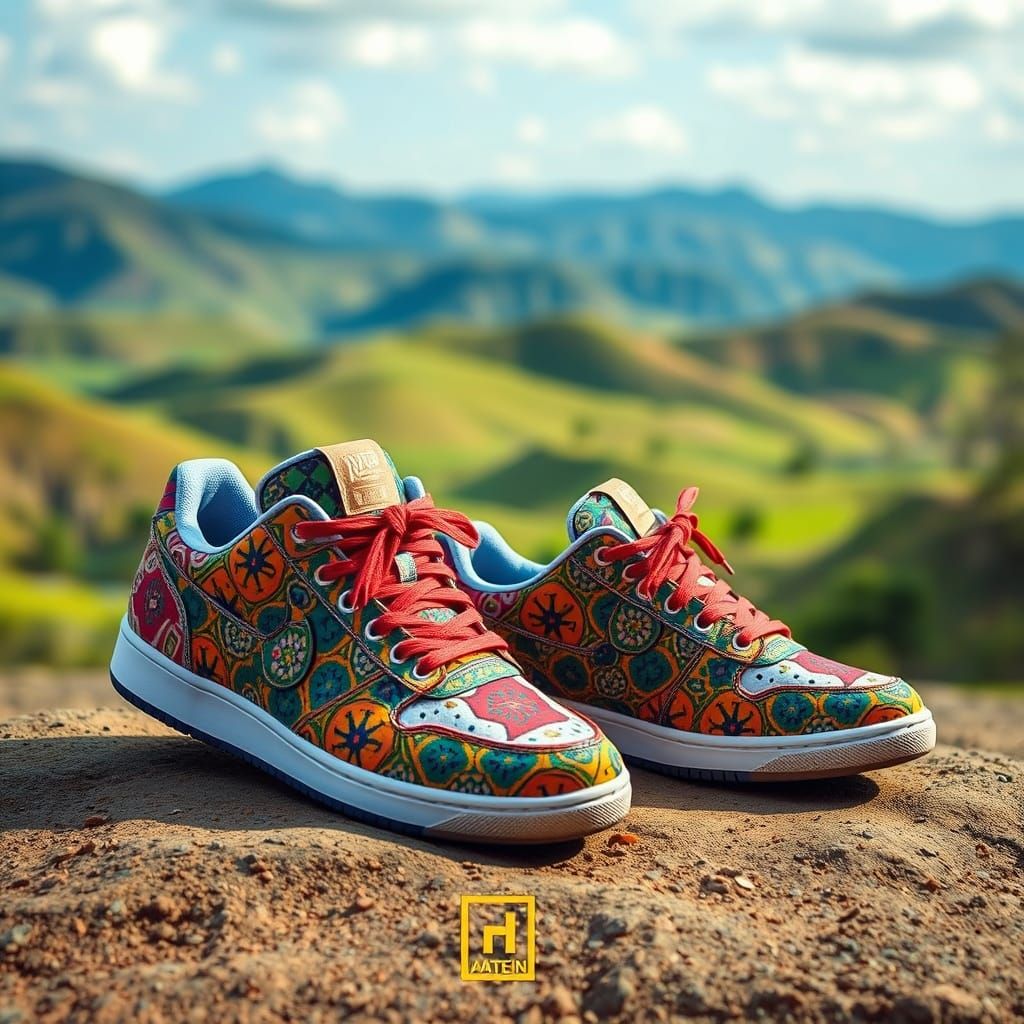 Vibrant Eswatini-Inspired Sneakers Amidst Rolling Hills