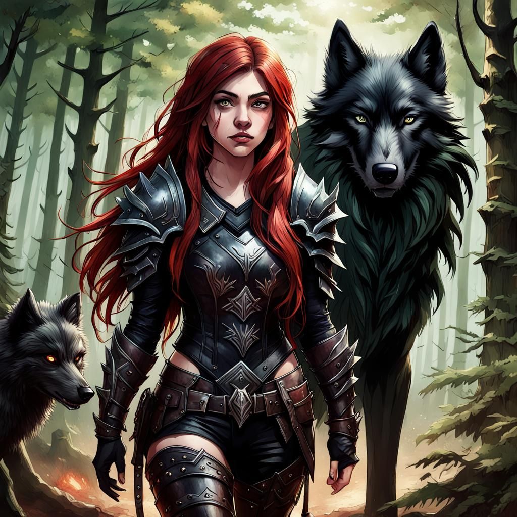 Red-Haired Warrior and Wolf in Enchanted Forest