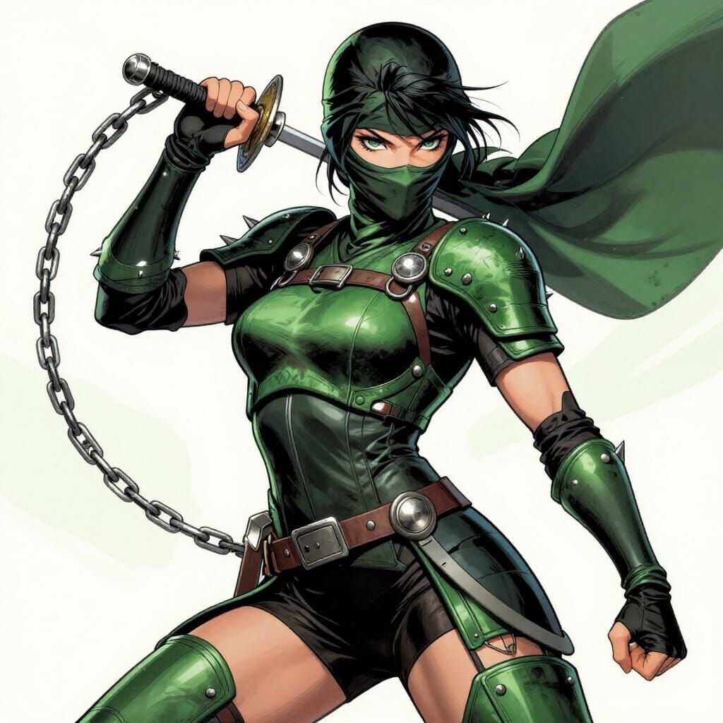 Asian Ninja Warrior with Spiked Chain in Comic Art Style