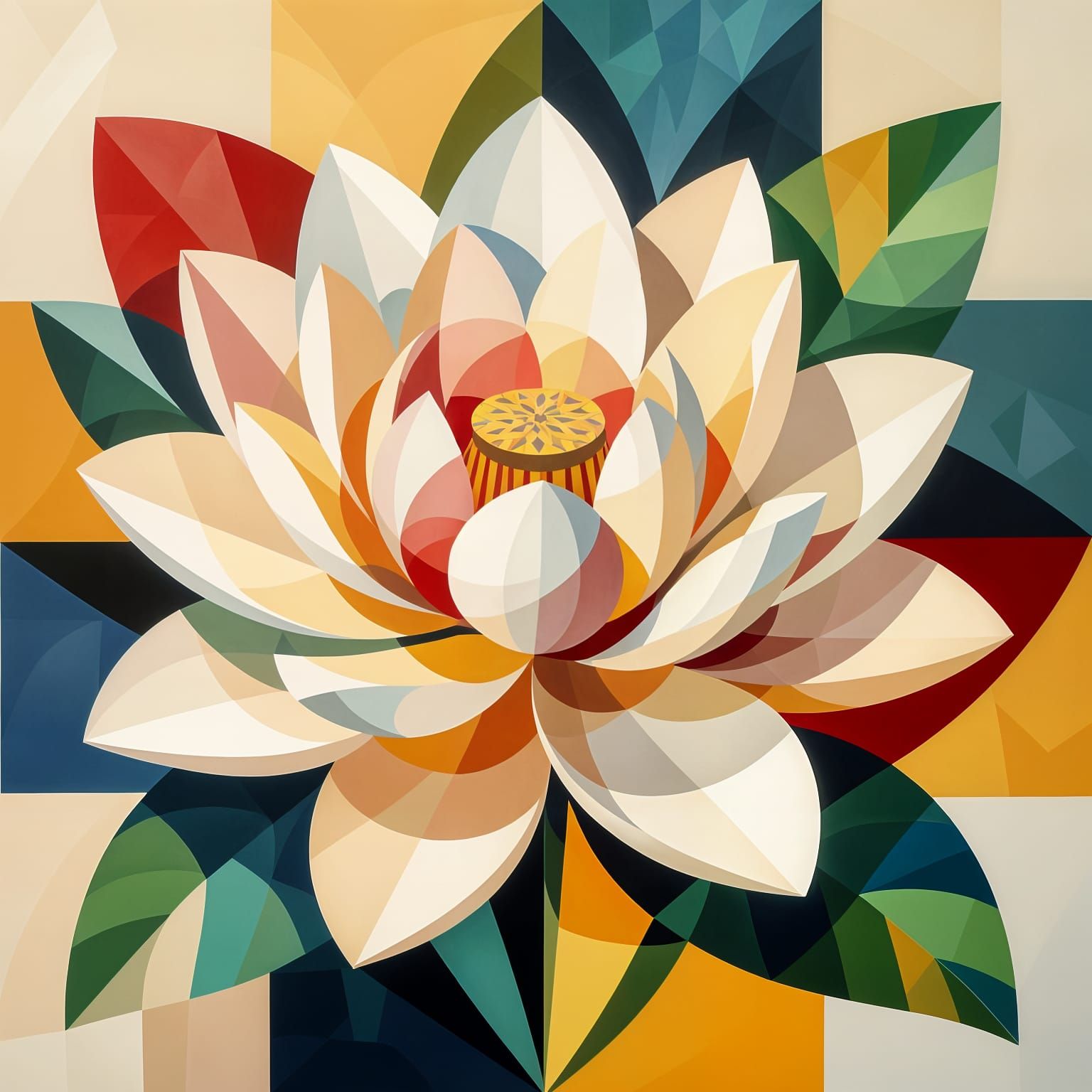 Cubist Lotus Flower in Geometric Art Deco Style