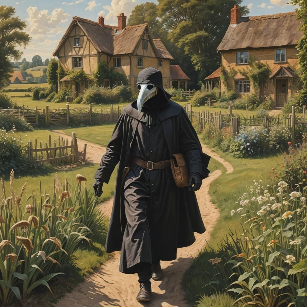 Plague Doctor Walks Towards Cottage in Sunlight
