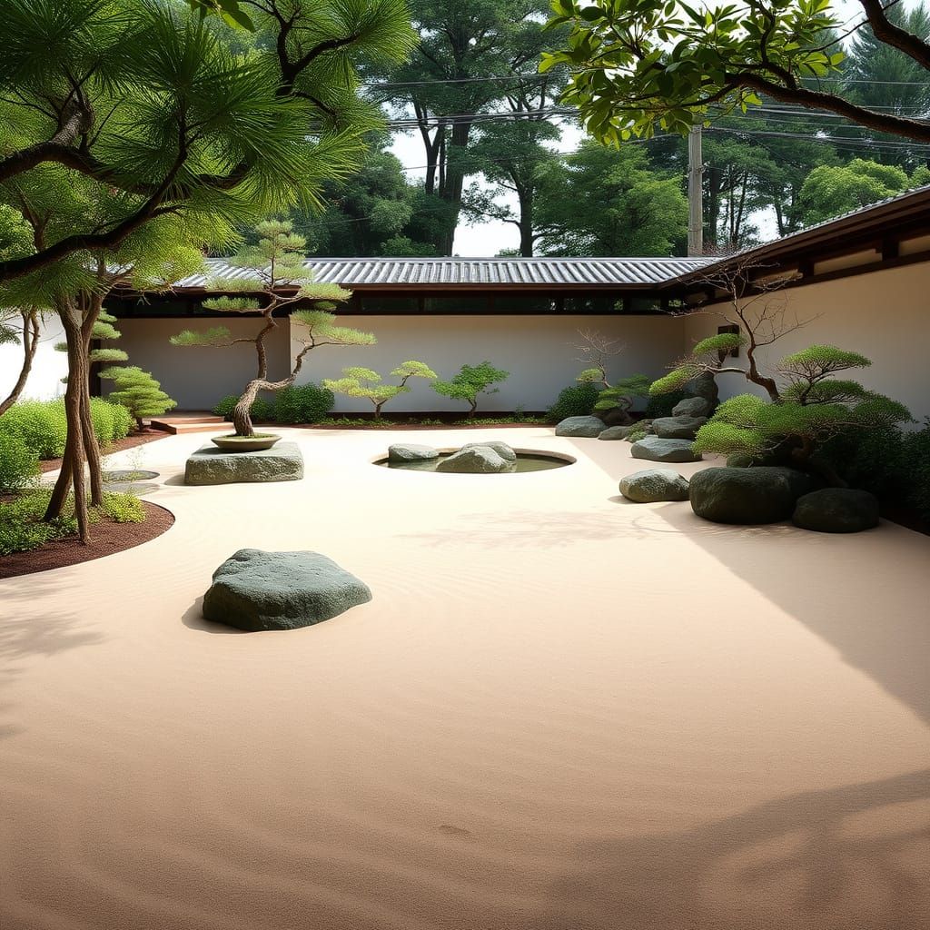 Serene Zen Garden with Bonsai, Minimalist Style