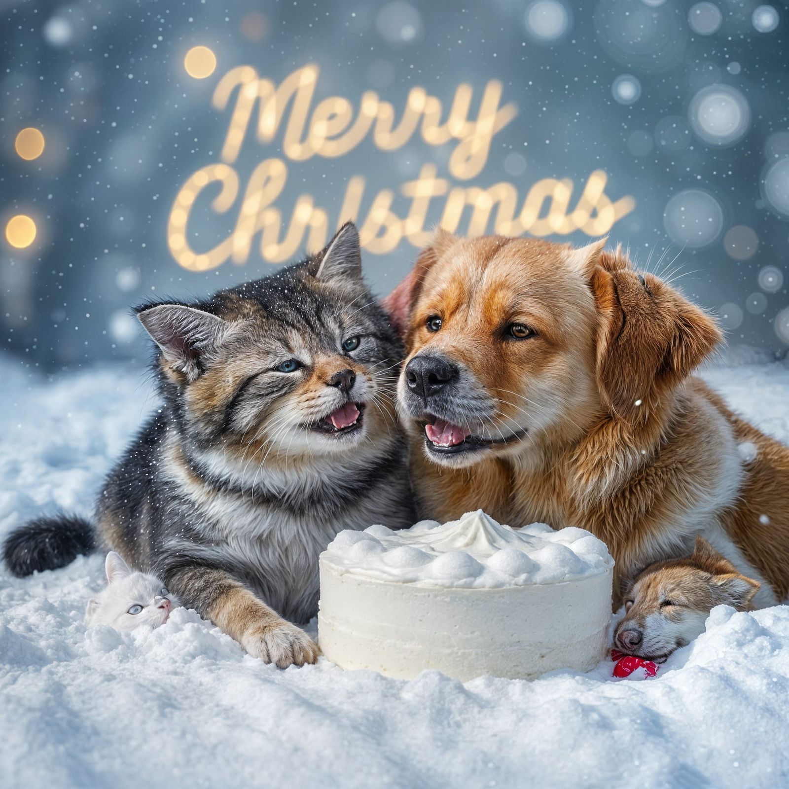 Whimsical Christmas Scene with Cat and Dog in Snowy Wonderla...