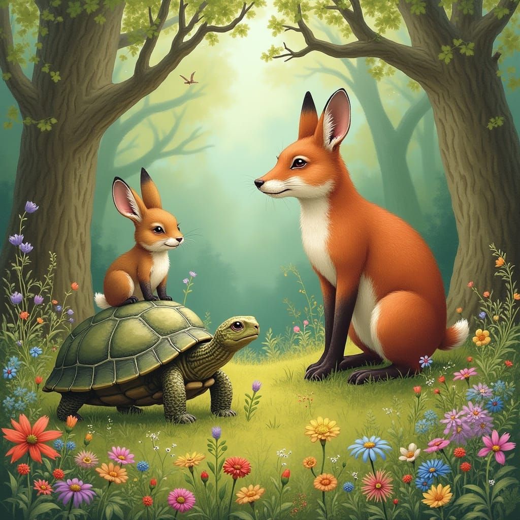 Whimsical Forest Scene with Turtle, Rabbit, and Fox