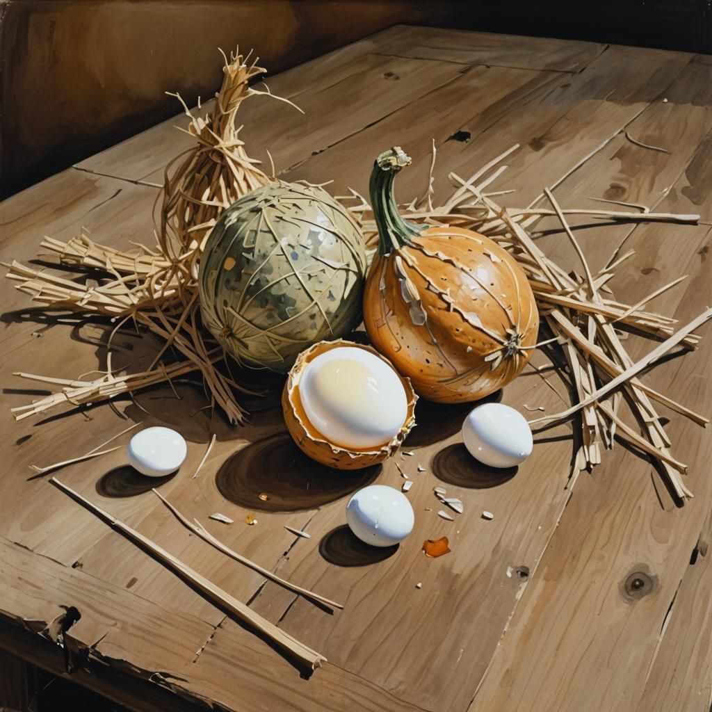 Gourd Still Life in Gouache with Egg and Straw
