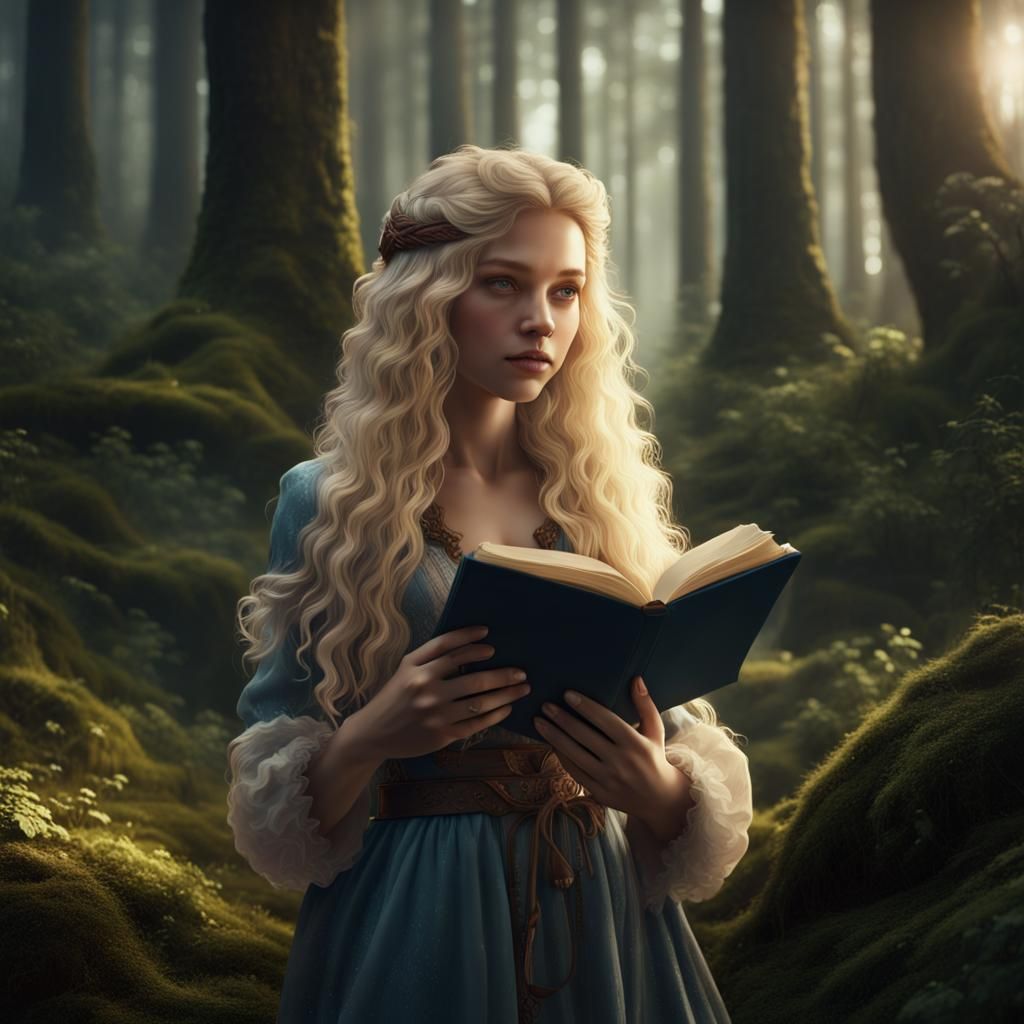 Girl Reading Book in Forest: Fantasy Concept Art
