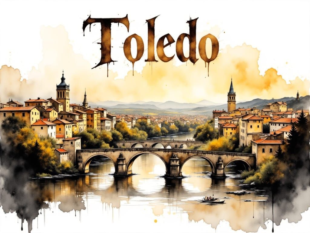 Toledo Skyline Sunset in Watercolor Style