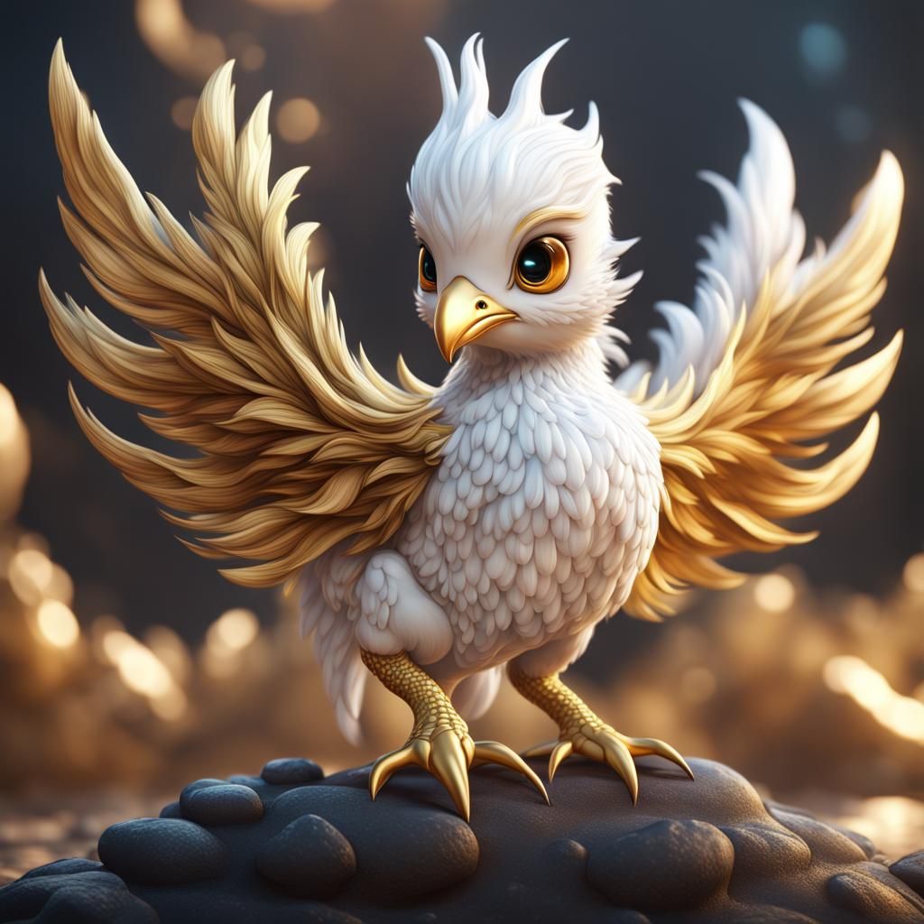 Cute White and Gold Phoenix: Detailed Fantasy Art