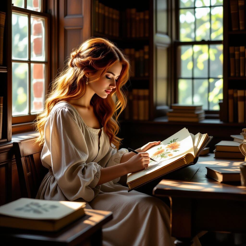 Woman Sketching Botanical Illustration in Old Library