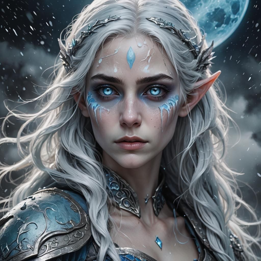 Icy Moon Elf Portrait in Splatter Art Style
