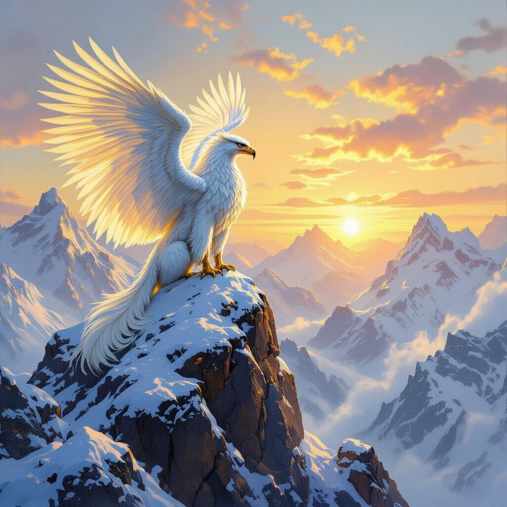 Griffin Perched Atop Mountain Peak in Oil Painting Style