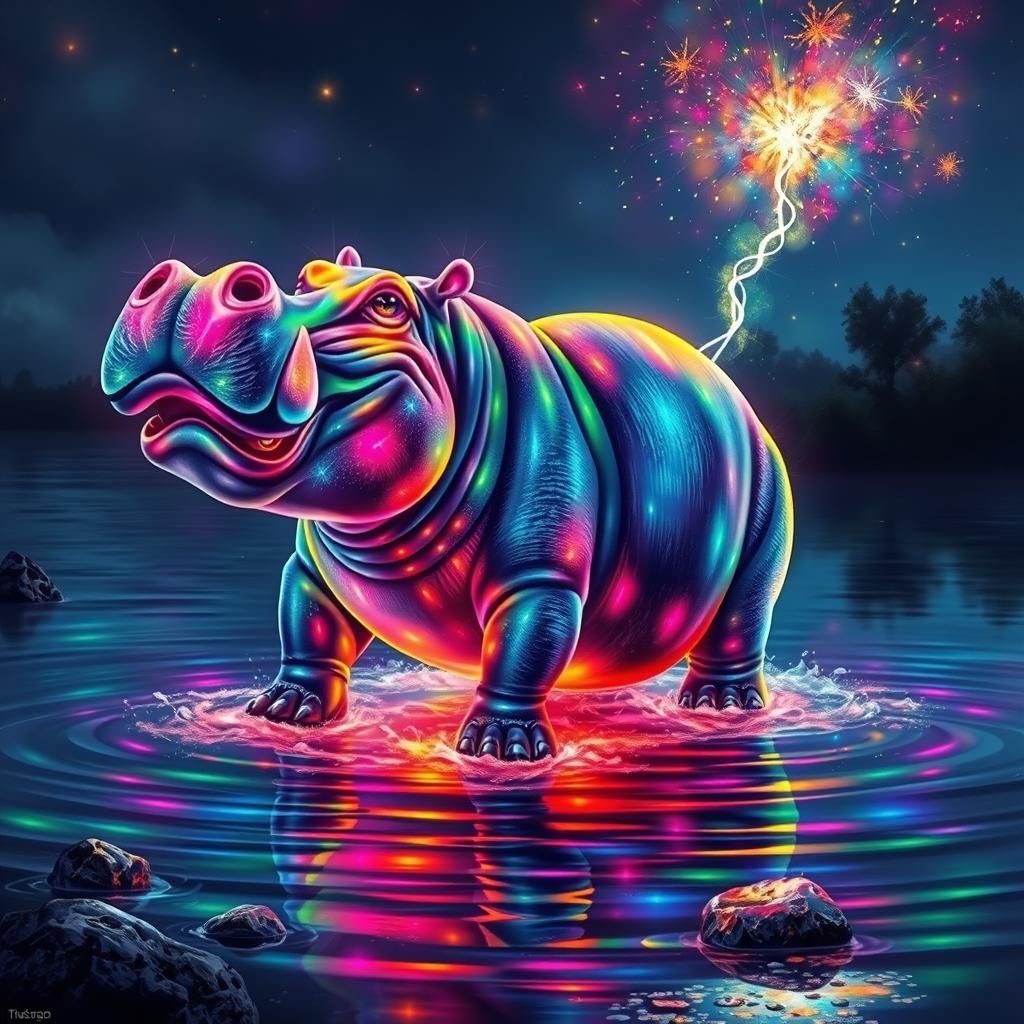 Luminous Hippopotamus on a River, Airbrush Fantasy Art