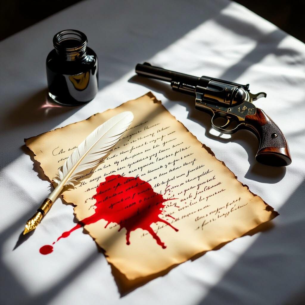 Dramatic Still Life with Ink, Quill, and Revolver