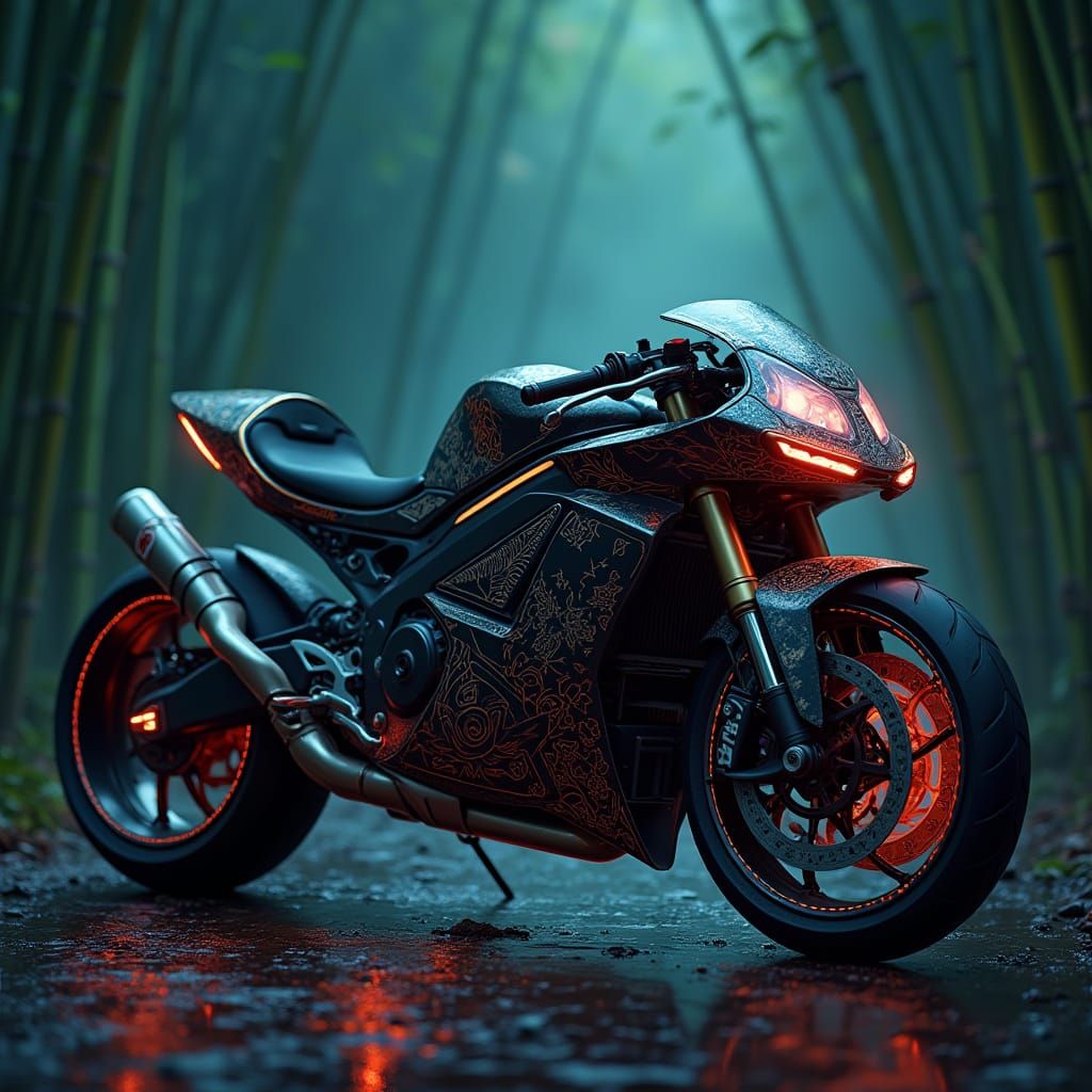 Neon Futuristic Motorcycle Rides Through Bamboo Forest