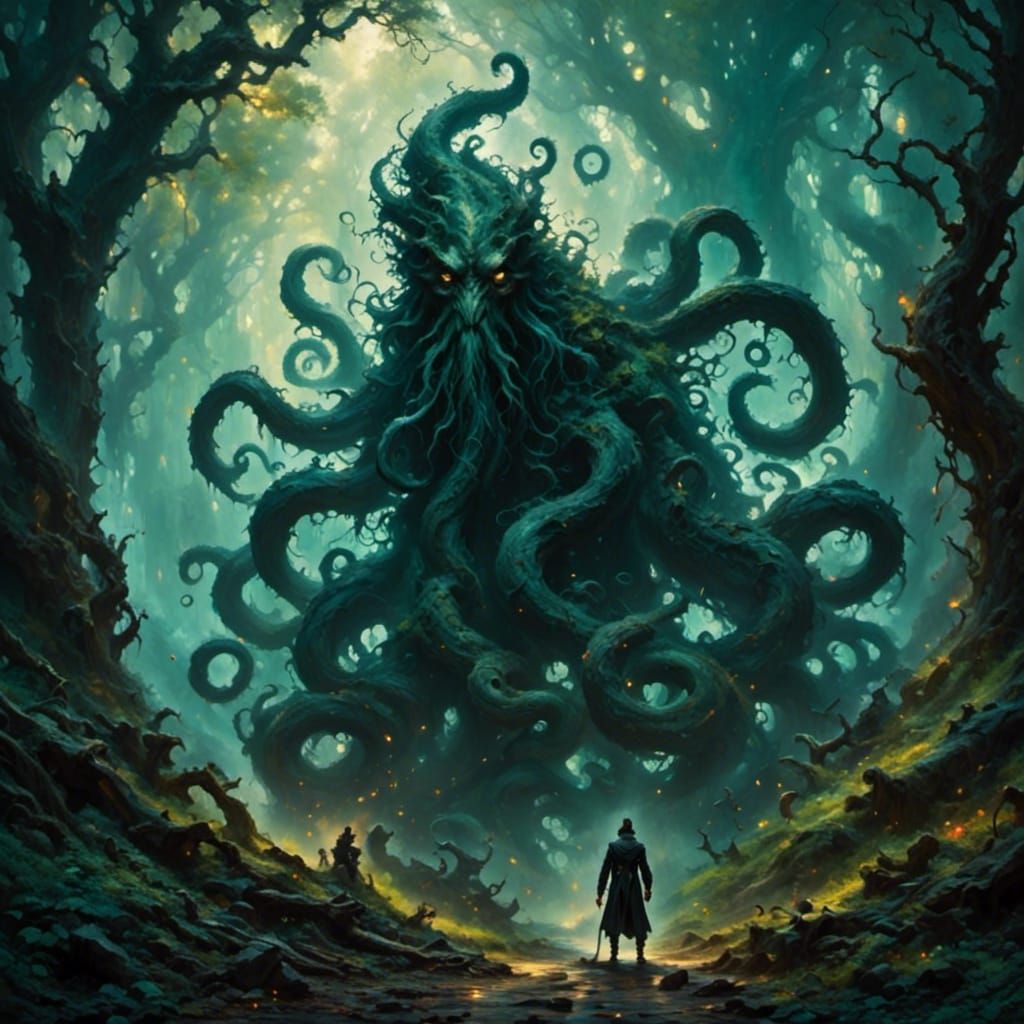Eerie Tentacle Monster Emerges from Misty Forest